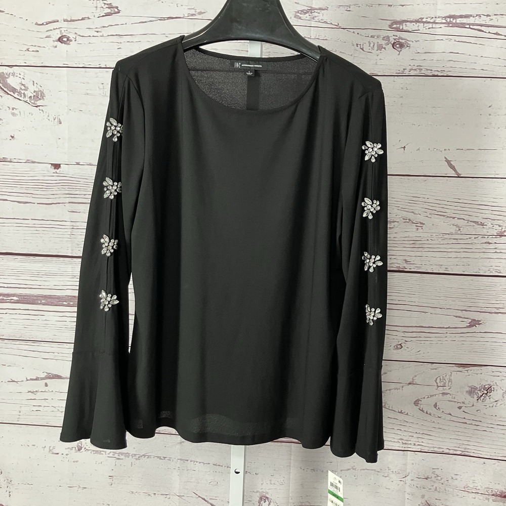INC Top Black Sheer Sleeve Rhinestone Floral Long Sleeve Blouse Size Large